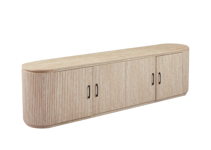 TV Meubel Travertine 200cm in travertin kleur met MDF onderstel en marmeren tafelblad.