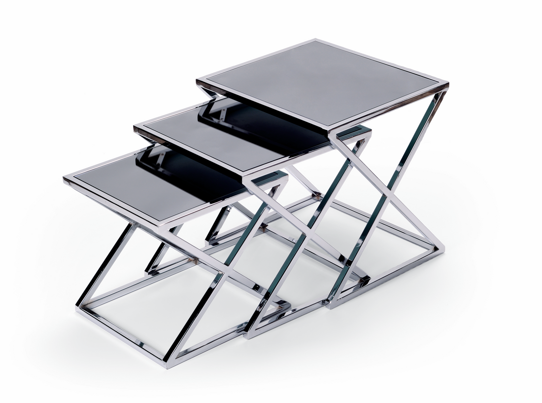 Set van 3 Bijzettafels met Spiegelglas en Metalen Onderstel – 55 x 55 x 40 cm – Antraciet/Zilver