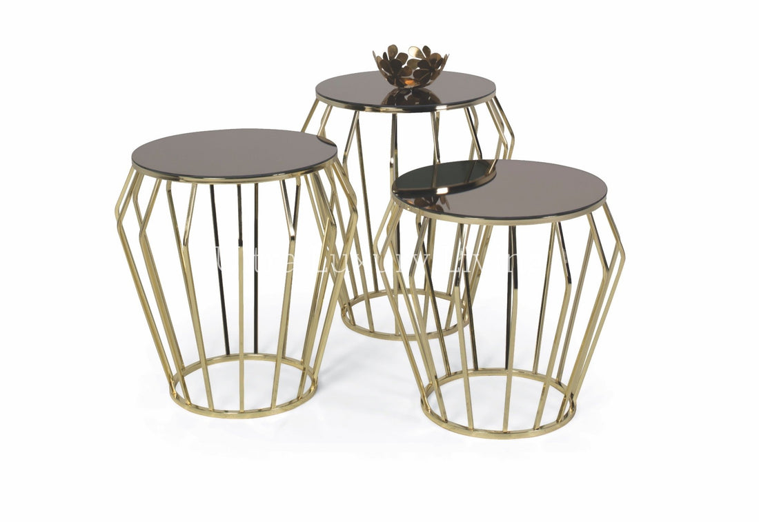 Set van 3 Bijzettafels met Glazen Blad en Metalen Onderstel – 55 x 60 x 55 cm – Brons/Goud