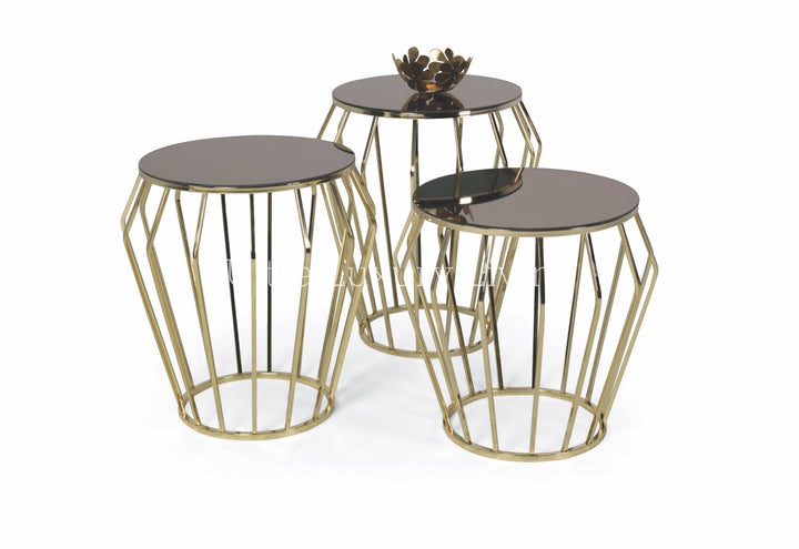Set van 3 Bijzettafels met Glazen Blad en Metalen Onderstel – 55 x 60 x 55 cm – Brons/Goud