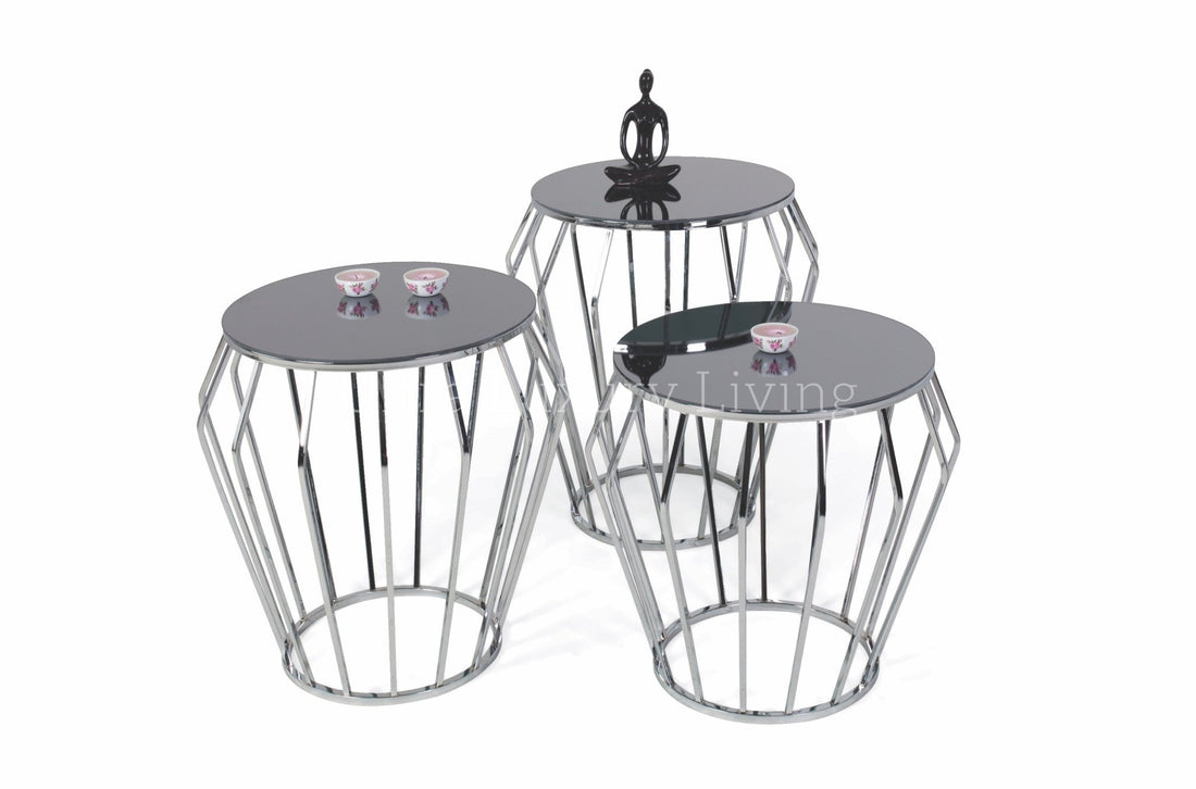 Set van 3 Bijzettafels met Spiegelglas en Metalen Onderstel – 55 x 60 x 55 cm – Antraciet/Zilver
