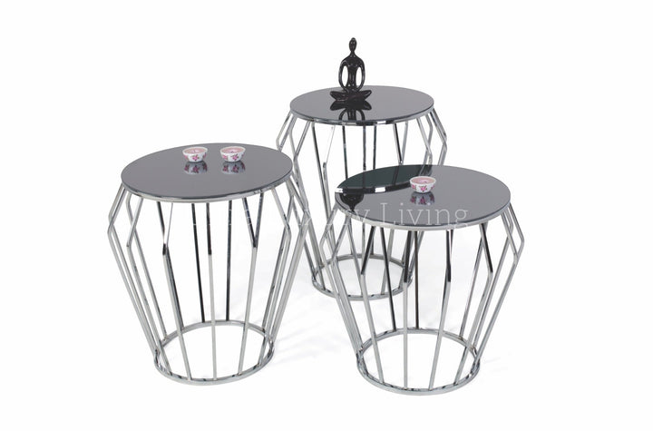 Set van 3 Bijzettafels met Spiegelglas en Metalen Onderstel – 55 x 60 x 55 cm – Antraciet/Zilver