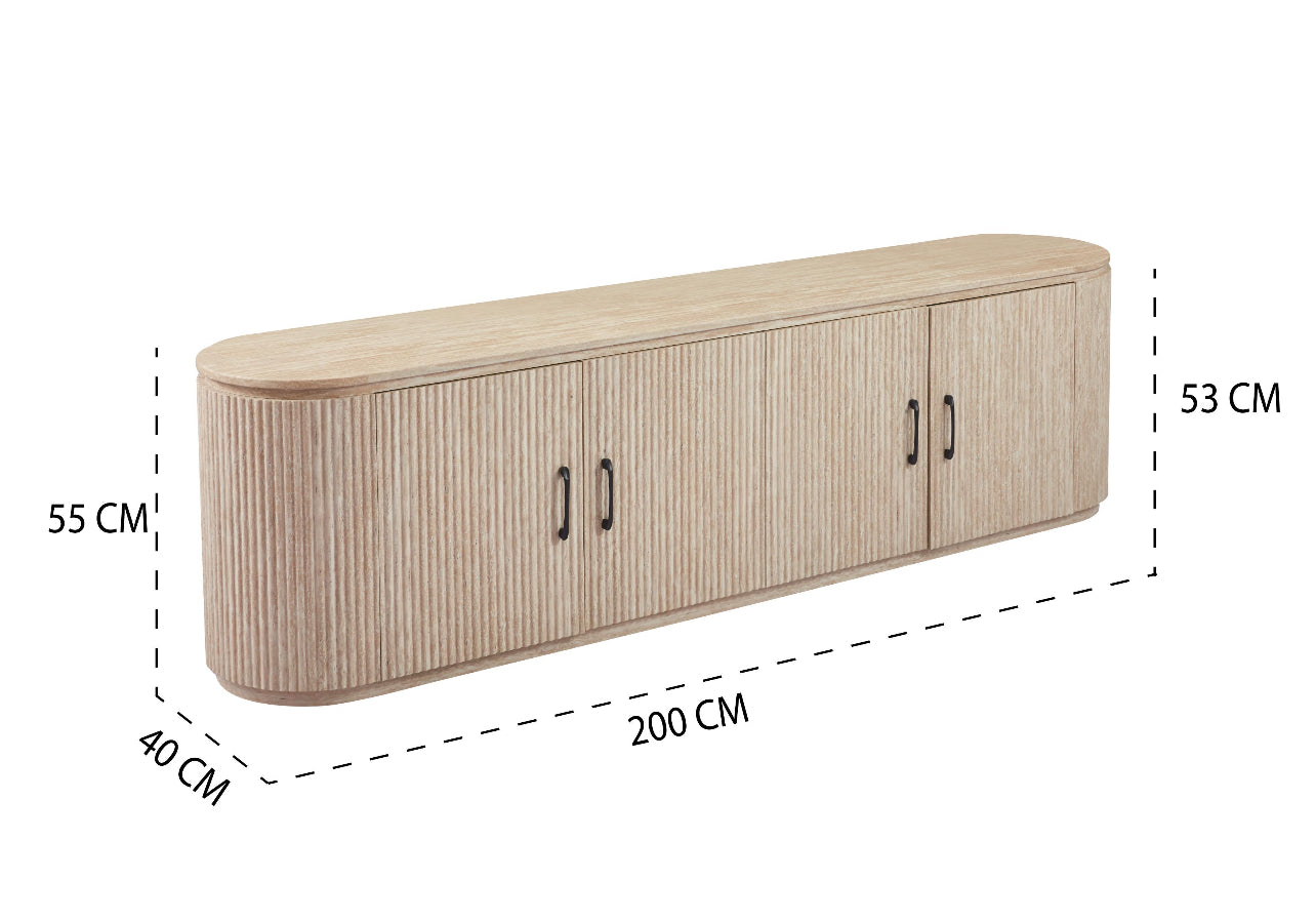 TV Meubel Travertine 200cm in travertine color with marble tabletop and MDF base, dimensions 200 x 40 x 55 cm.