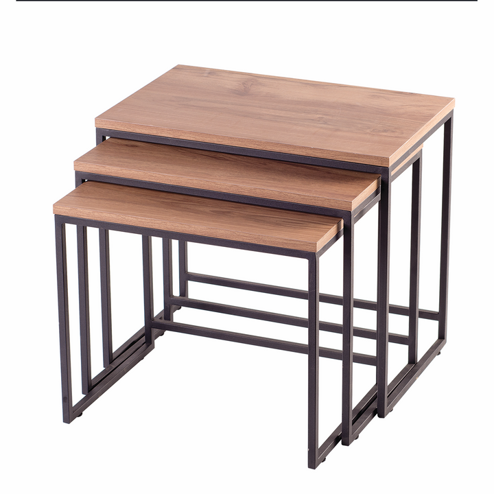 Set van 3 Bijzettafels met MDF Blad en Metalen Onderstel – 60 x 50 cm – Bruin/Zwart
