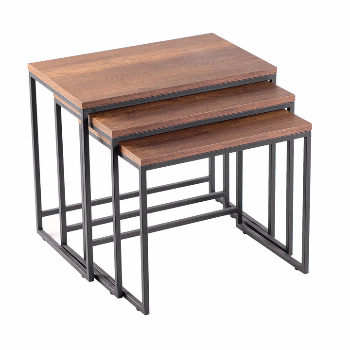 Set van 3 Bijzettafels met MDF Blad en Metalen Onderstel – 60 x 50 cm – Bruin/Zwart