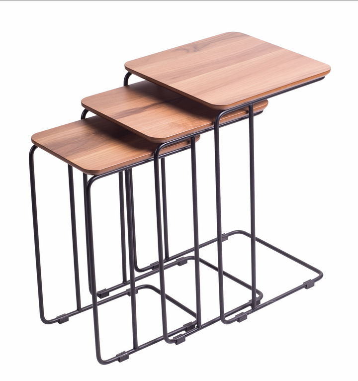 Set van 3 Bijzettafels met MDF Blad en Metalen Onderstel – 42 x 65 cm – Bruin/Zwart