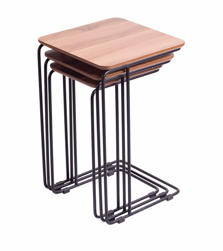Set van 3 Bijzettafels met MDF Blad en Metalen Onderstel – 42 x 65 cm – Bruin/Zwart