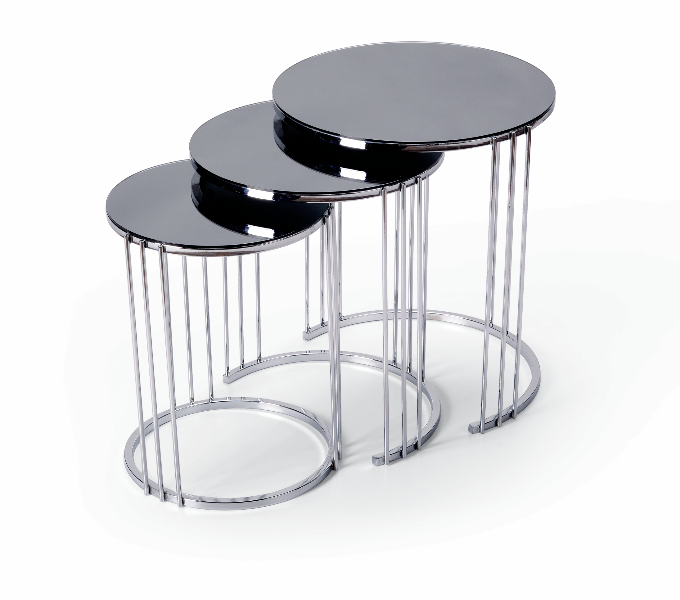 Set van 3 Ronde Bijzettafels met Spiegelglas en Metalen Onderstel – 48 x 55 cm – Antraciet/Zilver