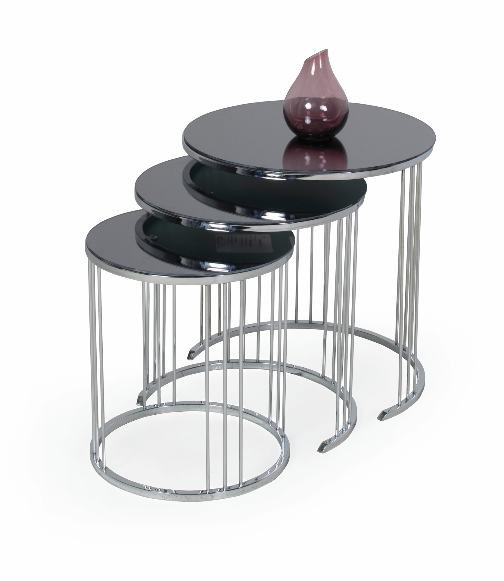 Set van 3 Ronde Bijzettafels met Spiegelglas en Metalen Onderstel – 48 x 55 cm – Antraciet/Zilver