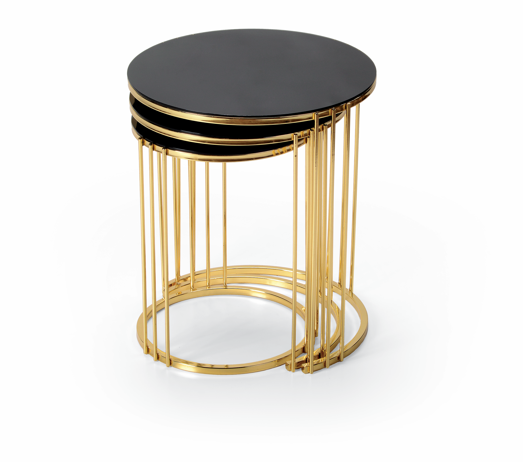 Set van 3 Ronde Bijzettafels met Glazen Blad en Metalen Onderstel – 48 x 55 cm – Zwart/Goud