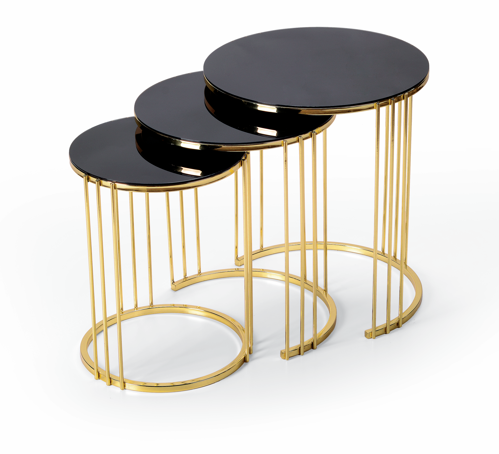 Set van 3 Ronde Bijzettafels met Glazen Blad en Metalen Onderstel – 48 x 55 cm – Zwart/Goud