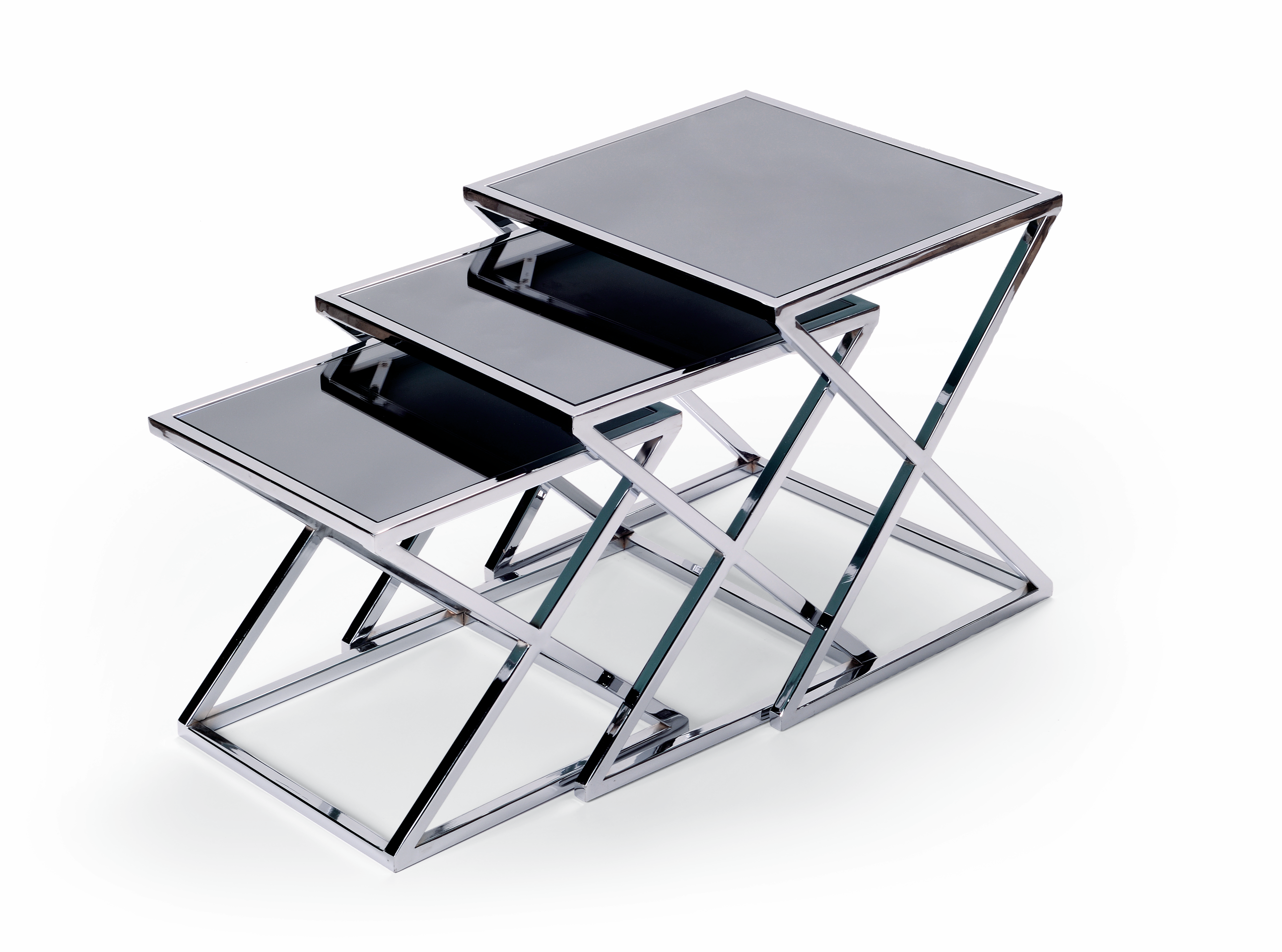 Set van 3 Bijzettafels met Spiegelglas en Metalen Onderstel – 55 x 55 x 40 cm – Antraciet/Zilver