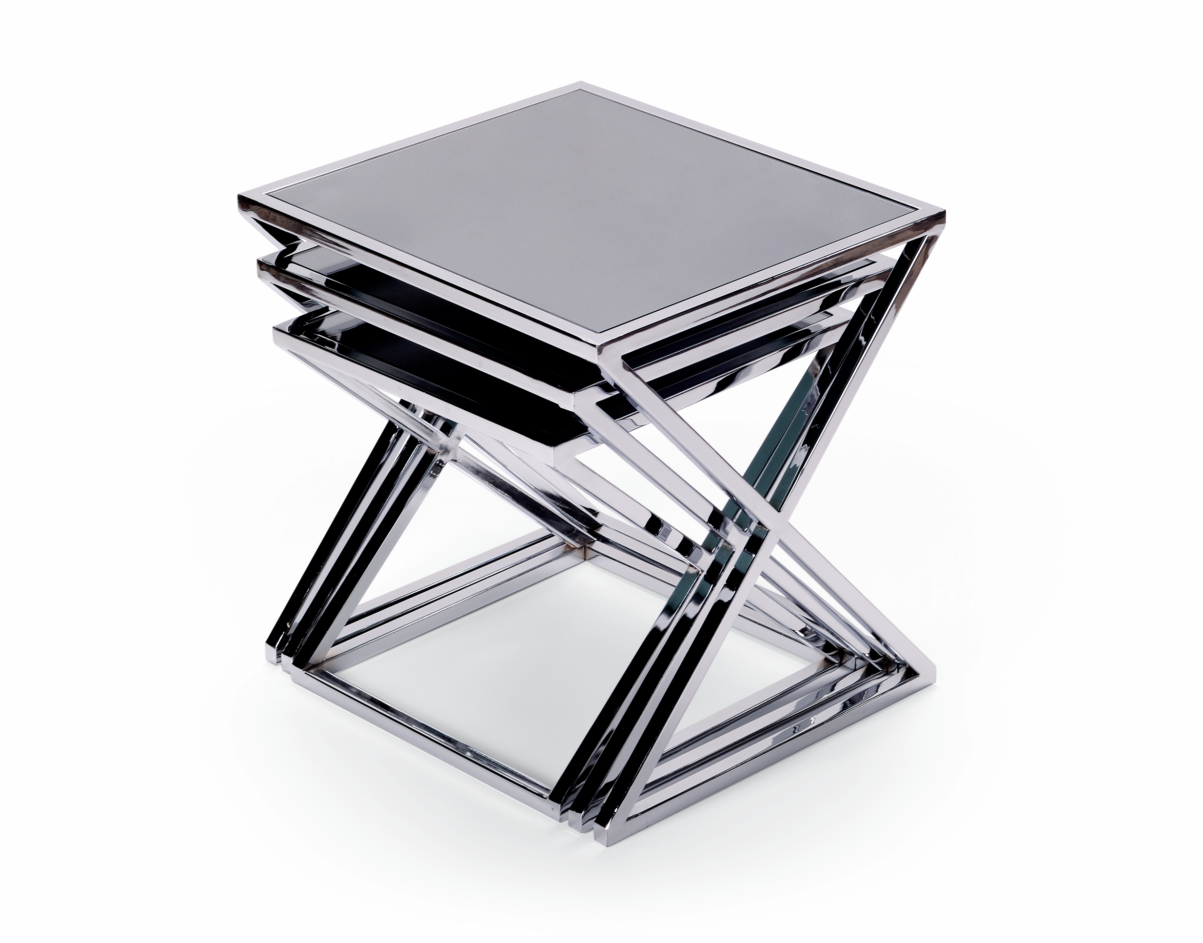 Set van 3 Bijzettafels met Spiegelglas en Metalen Onderstel – 55 x 55 x 40 cm – Antraciet/Zilver