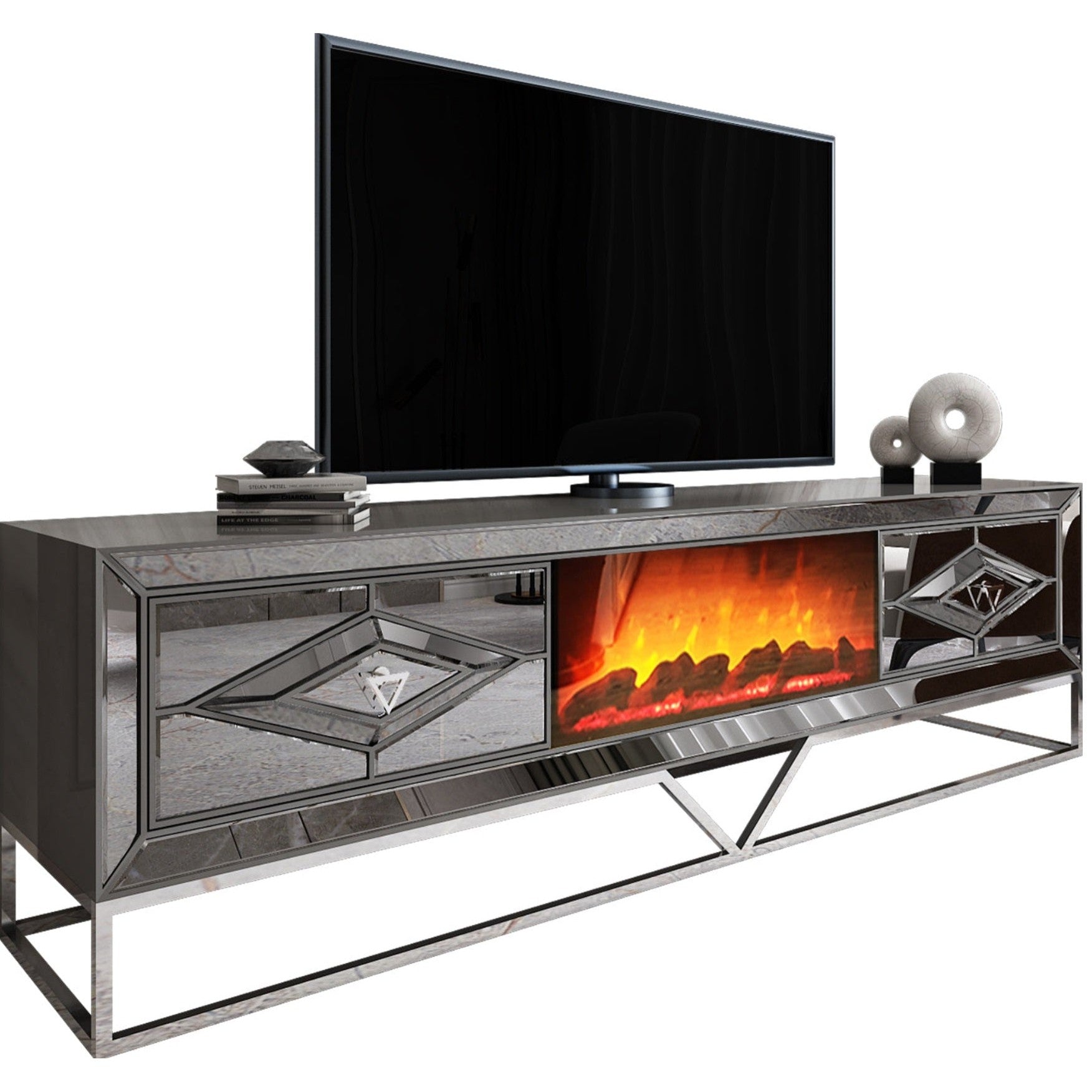 Stijlvol Antraciet TV Meubel met Sfeerkachel en Spiegelglas