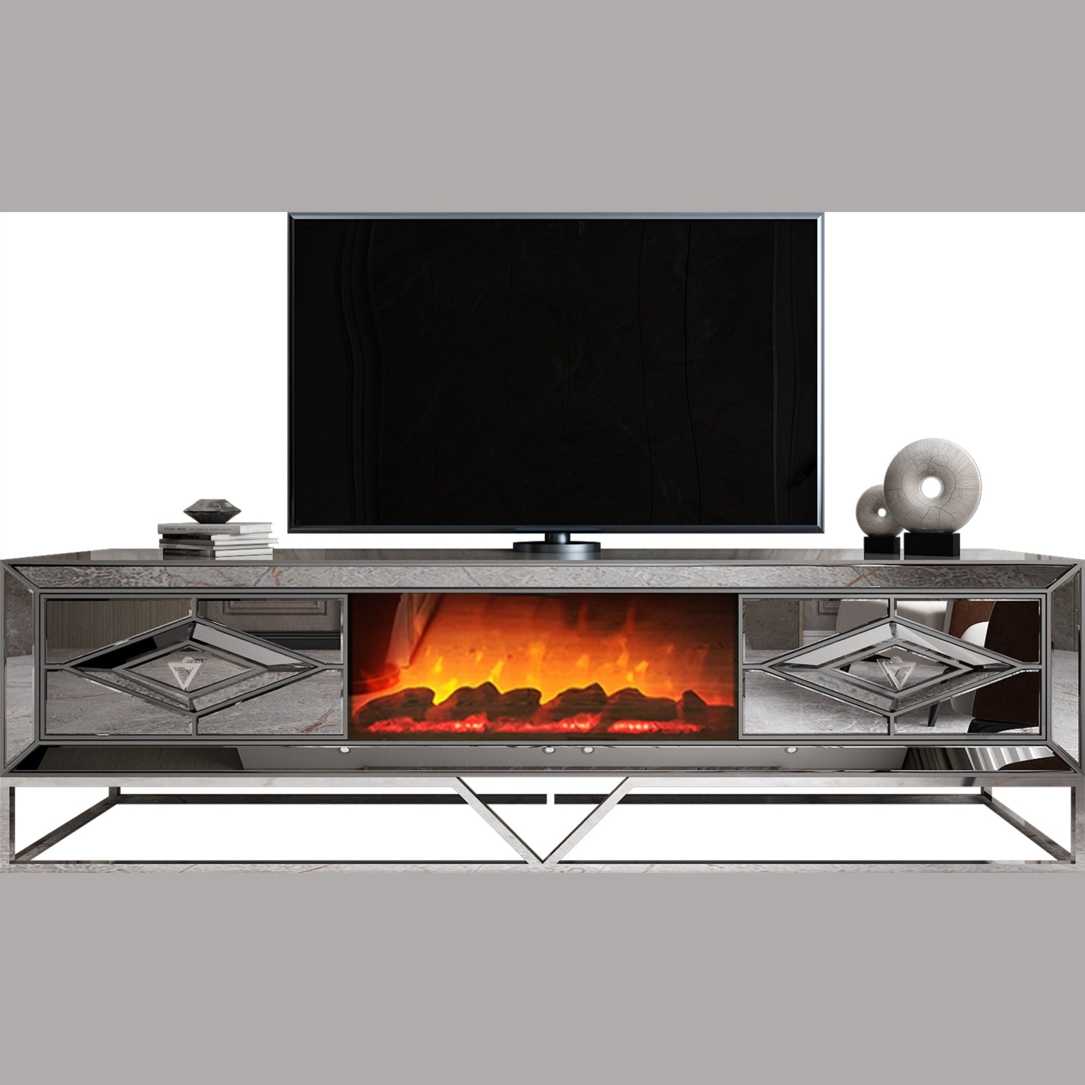 Stijlvol Antraciet TV Meubel met Sfeerkachel en Spiegelglas